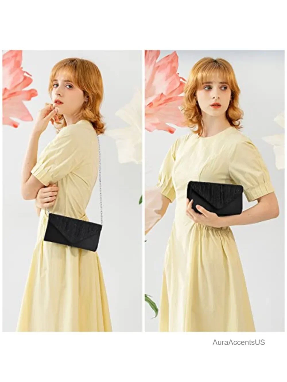 Satin Envelope Evening Clutch with Rhinestone Flap, Detachable Chain, Formal